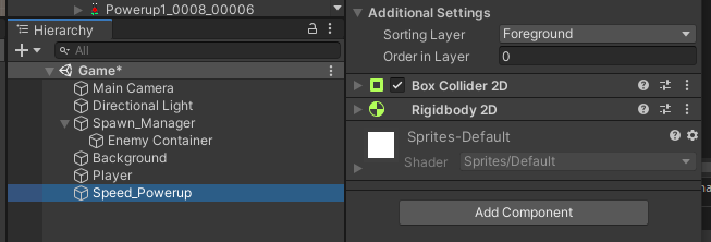 Add Collider 2D and Rigidbody 2D components